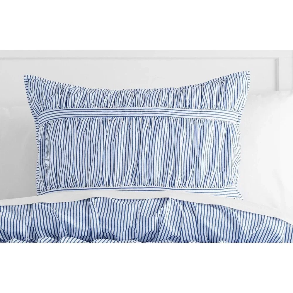 Pottery Barn Dorm Teen Painterly Stripe Pucker Up Sham Standard Blue White